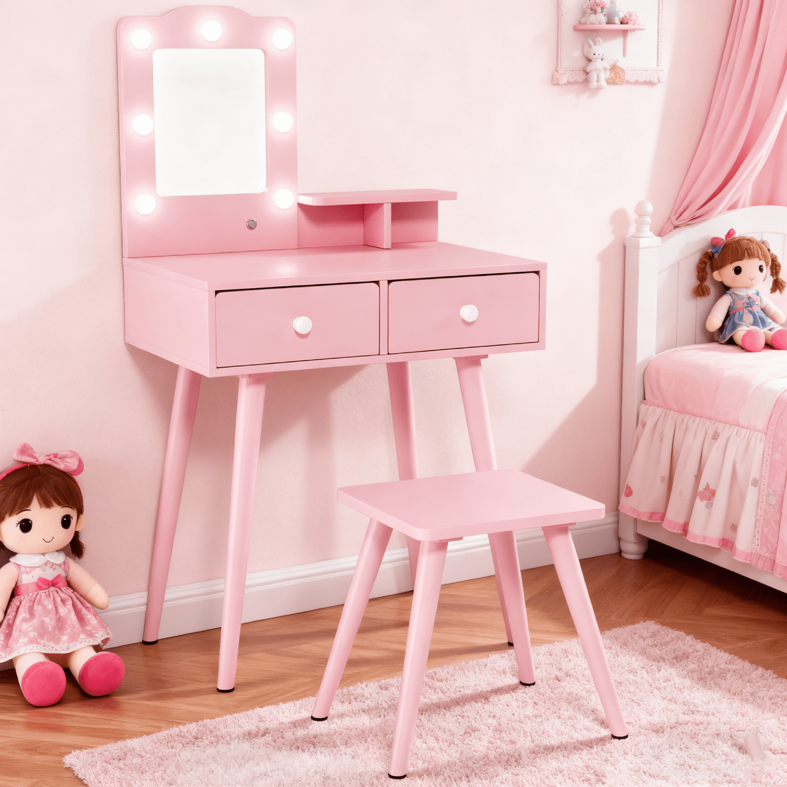 Arlopu Kids Wooden Vanity Table and Stool Set, Toddlers Makeup Dressing Table with Mirror, Drawer & LED Lights