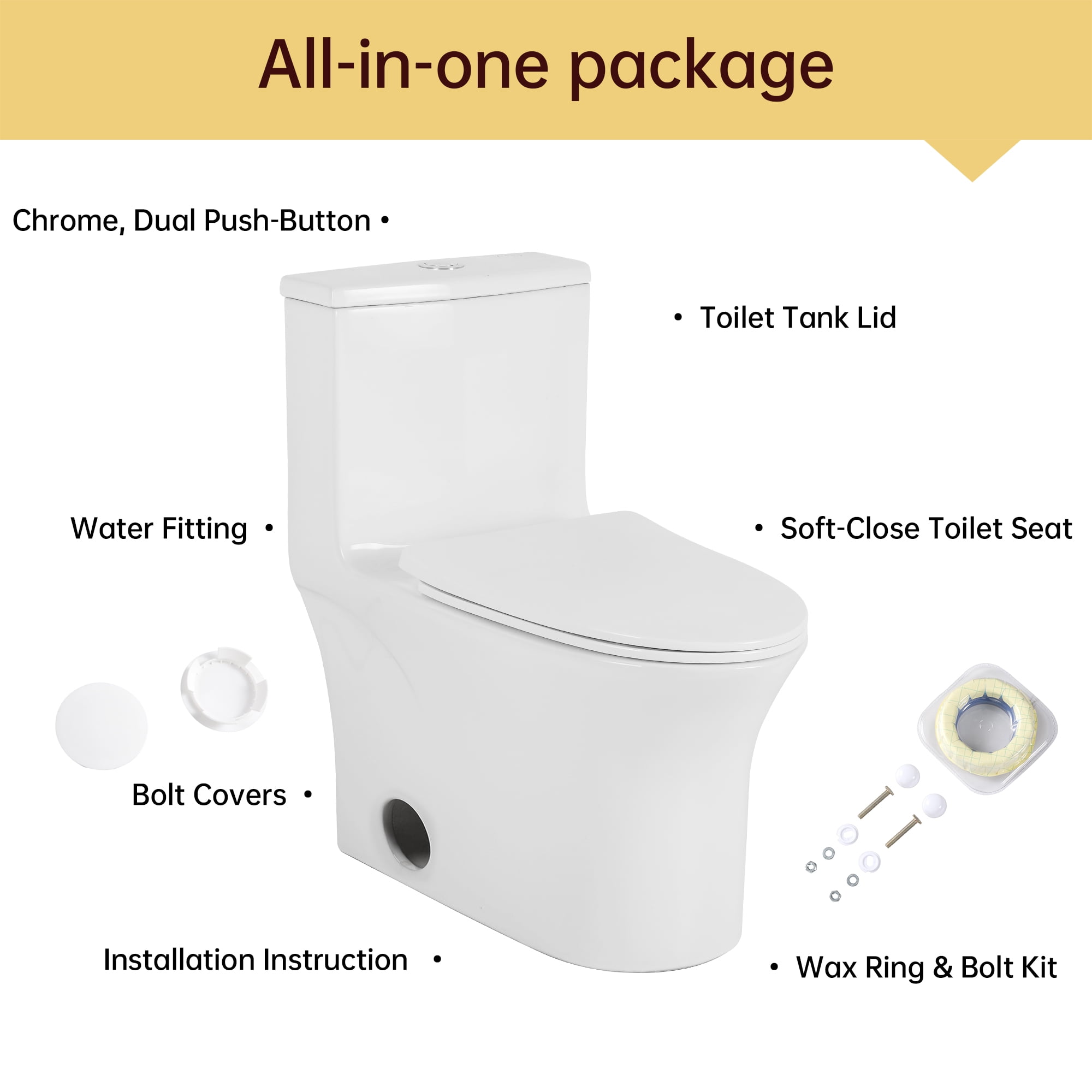 TrumanPick Elongated One Piece Toilet with 1.6 GPF Dual Flush, Compact Toilet, MAP Score 1000g, 12'' Rough-in, White