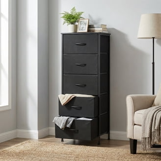 5-Drawer Black Dresser – Bedroom Storage With Wood Top & Fabric Drawers