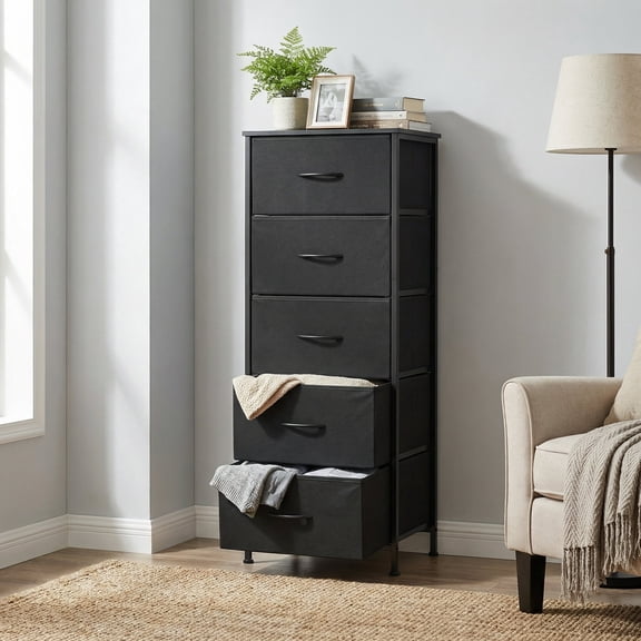 LEDREM 5-Drawer Fabric Dresser with Steel Frame, 66 lb Top Load Storage Organizer for Bedroom Closet, Black