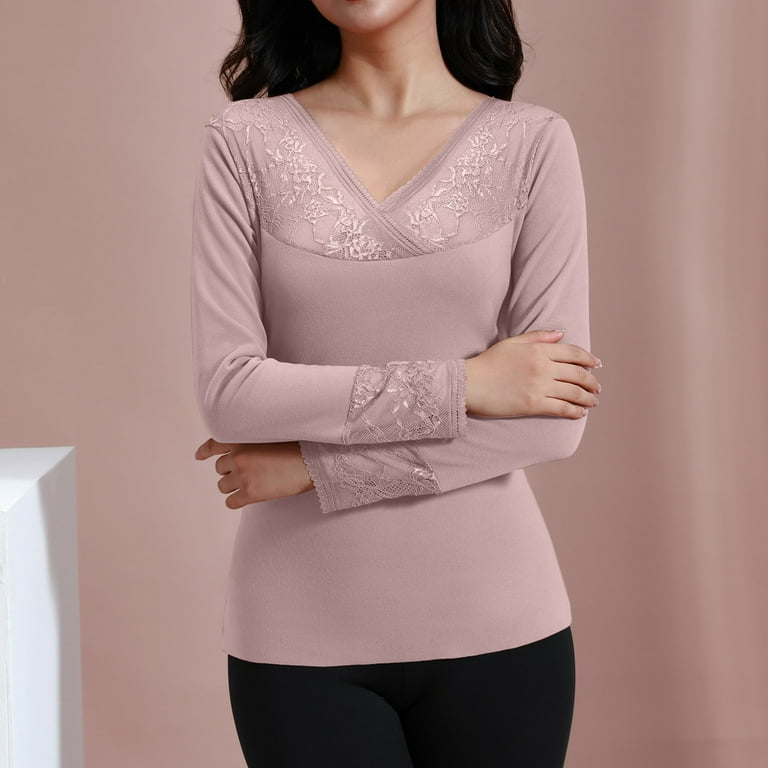 JDEFEG Thermal Underwear Women's Thermal Shirts Long Sleeve New Lace V Neck  Thermal Underwear Autumn and Winter Slim Fit Plush Bottomed Shirt Polyester  Pink Xl 