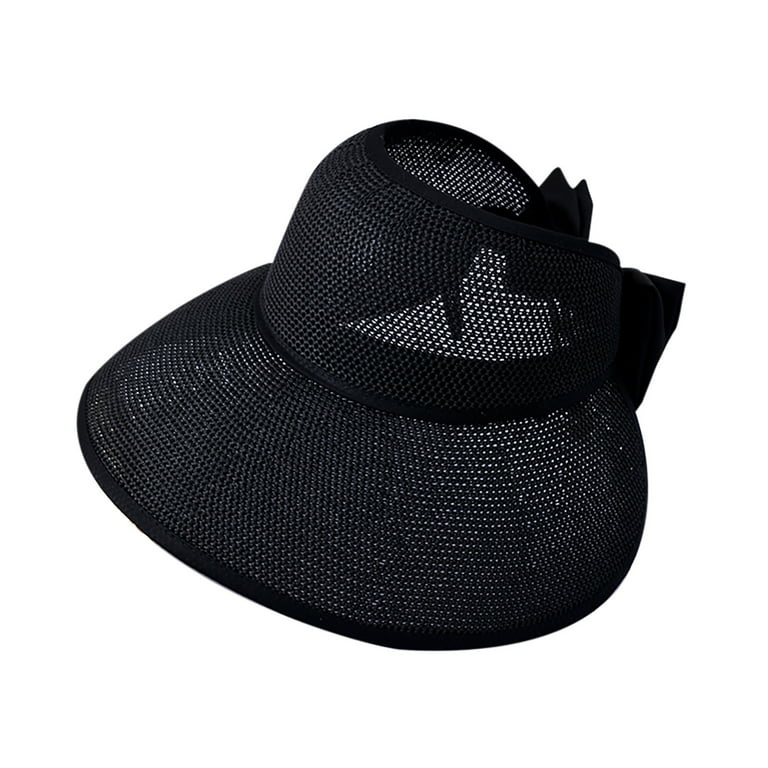JNGSA Wide Trim Visor Hat for Women, Straw Beach Sun Hat Sun Visor Roll-up  Foldable Ponytail with Protection-Amia-Black 