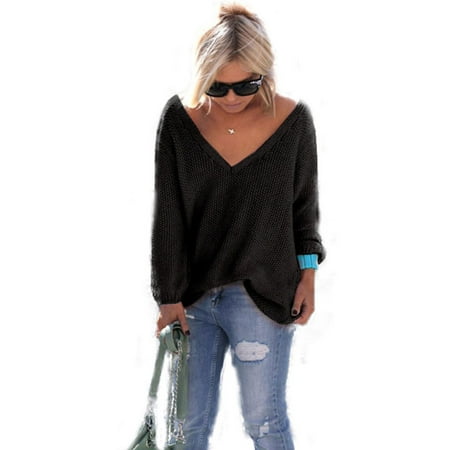Women's V Neck Long Sleeve Knitted Sweater Loose Pullover Jumper Tops