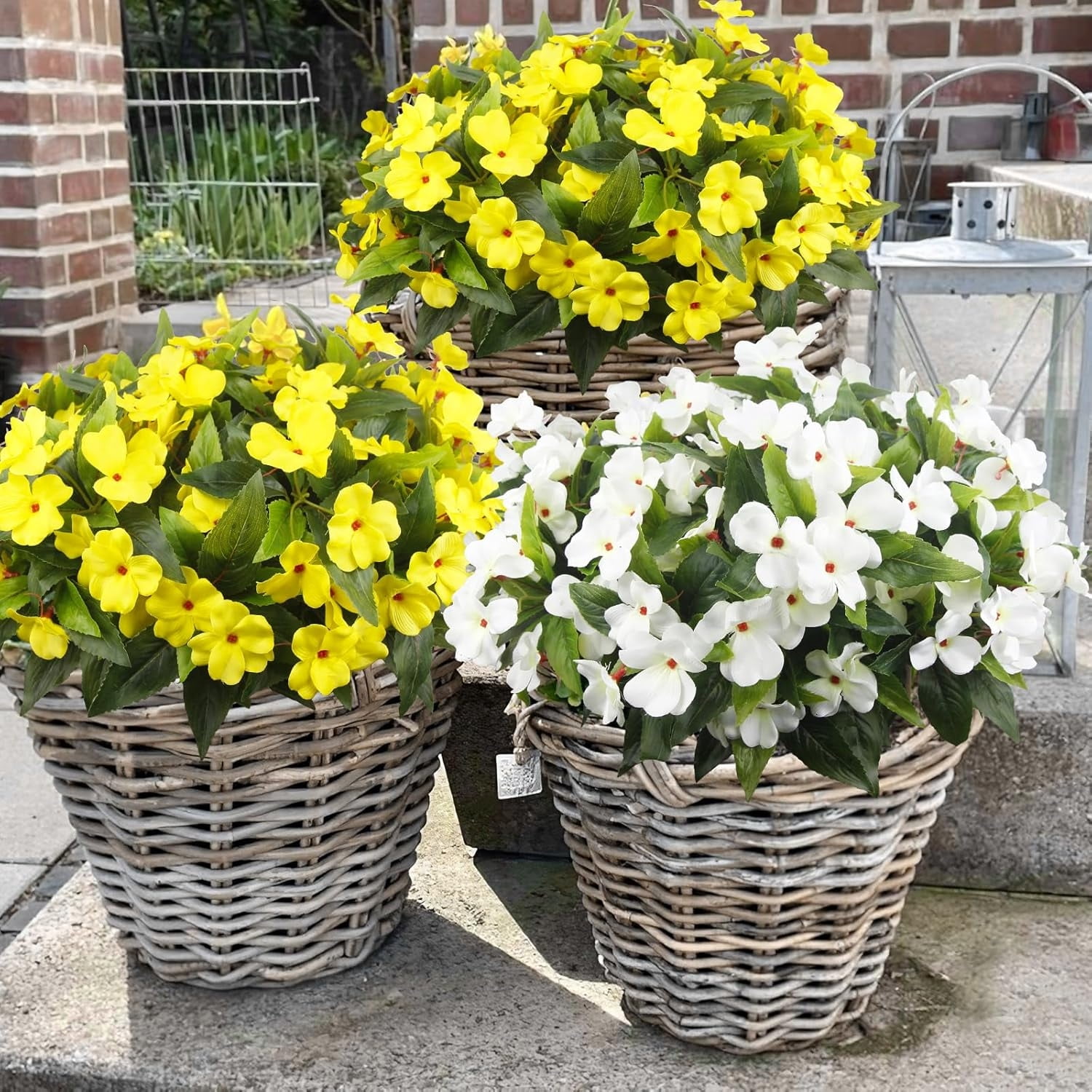 Artificial Impatiens Flowers 4 Pcs 7 Branches Faux Impatiens Bushes Silk Impatiens Bouquet Faux Flower Outdoor UV Resistant Fake Plants for Patio Lawn Garden Pot Hanging Basket Porch Decor,Yellow