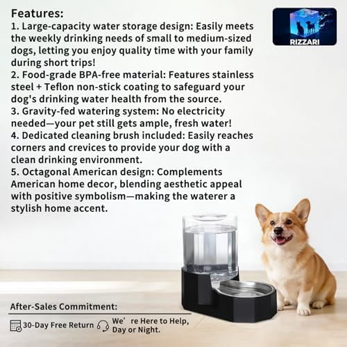 Large Dog Water Dispenser: 5L Automatic Gravity Water Feeder - Dishwasher-Safe Stainless Steel Bowl - Easy Clean - No Power Needed - for Cats & Small Dogs - Kitchen Corner/Crate Area