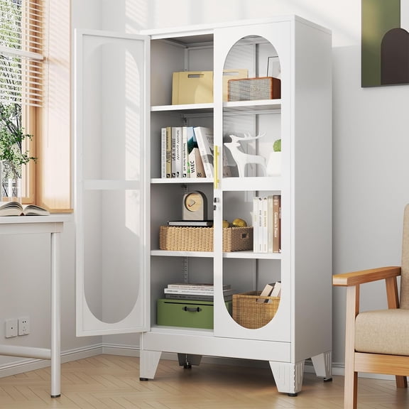 Display Cabinet with Glass Doors, 61" Tall Metal Storage Cabinets with Lock, Curio Glass Display Cabinet with 3 Adjustable Shelves for Living Room, Kitchen, Wine, Home Office(White, 61" H)
