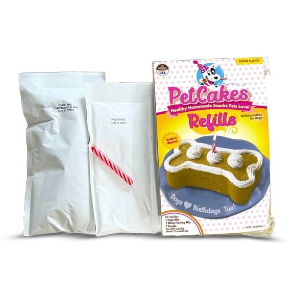 PetCakes Birthday Treat Mix Refills for Dogs - Make Healthy Cakes - Includes 1 Cake Mix, 1 Frosting & Candle, Cheese Flavor  - Net Wt. 3oz