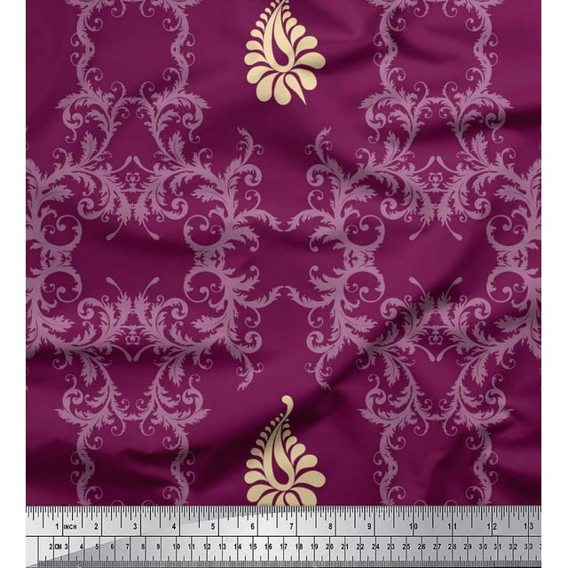 Soimoi Silk Fabric Leaves & Swirl Abstract Decor Fabric Printed Yard 42 Inch Wide