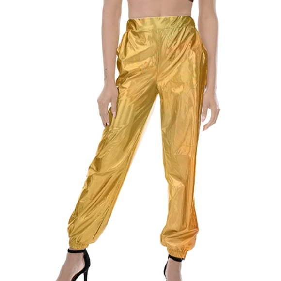 LUOGENLI Female Casual Pants Women's Casual Fashion Loose Pants Casual Street Slacks in Metallic Color for Women Sports Street Hop Party Shiny Trousers Cotton Casual Pants Women Summer Tall Gold XL
