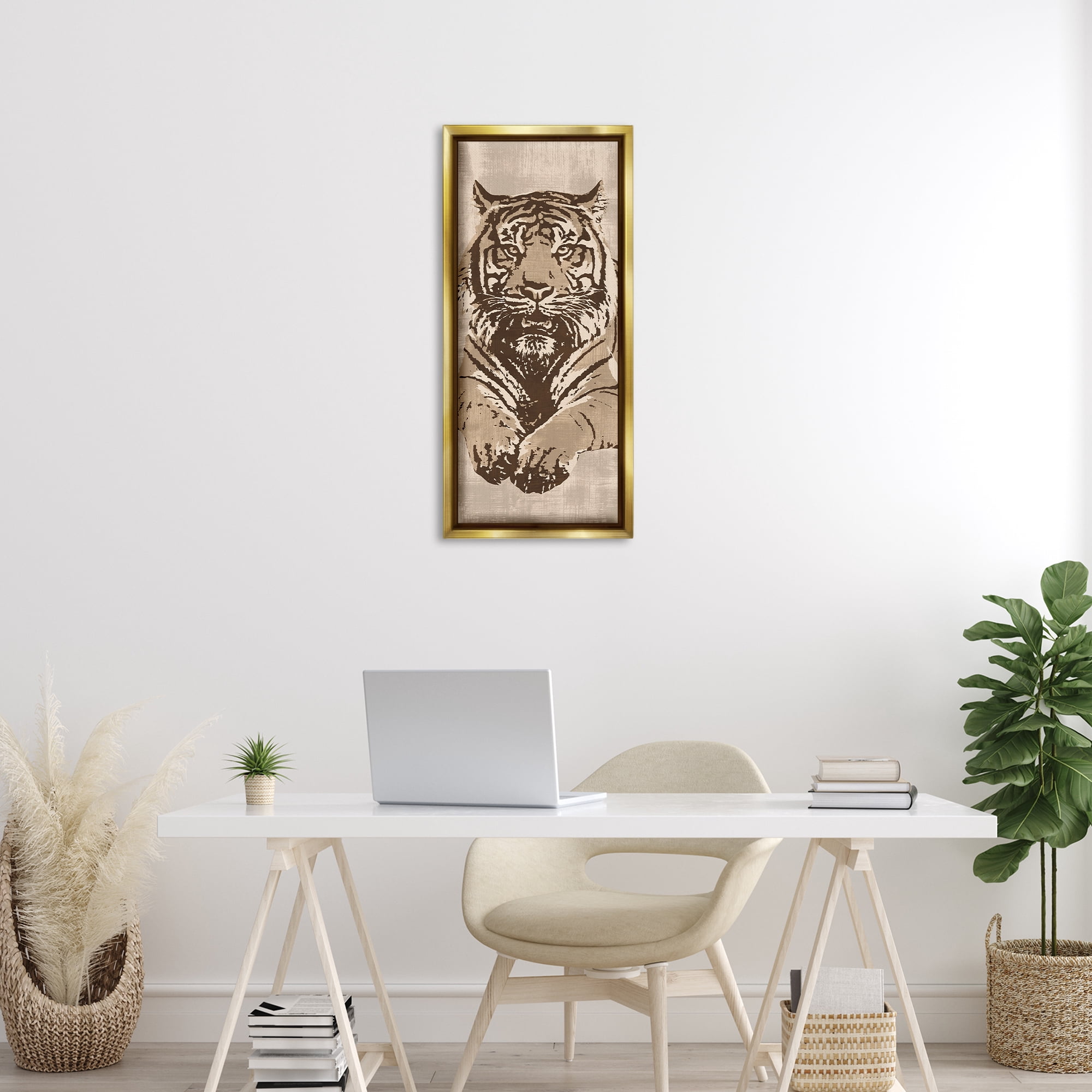 Stupell Industries Fierce Tiger Baring Teeth Animals Painting Gold Floater Framed Canvas Art Print Wall Art, 14 x 31