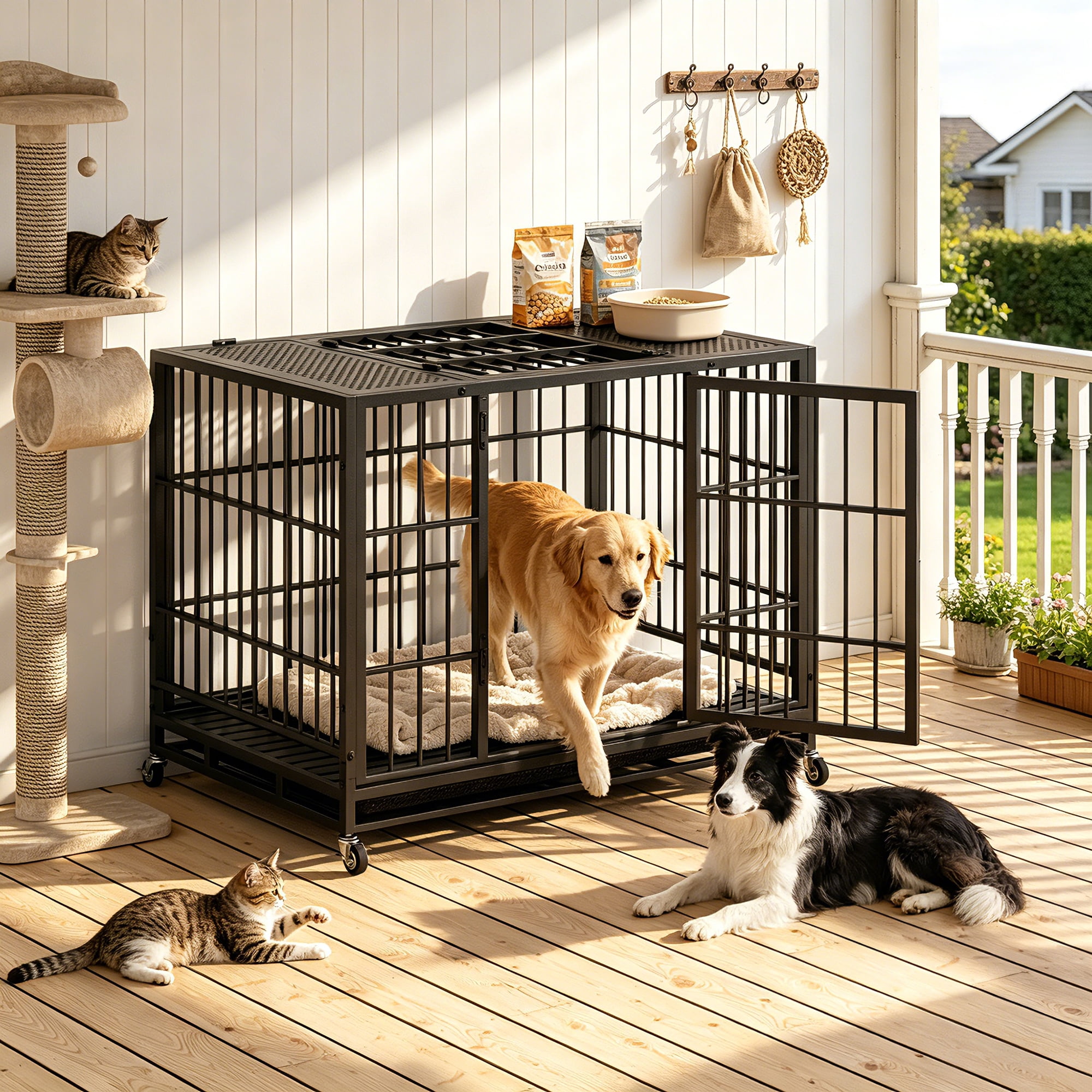 Dog Crate with Lockable Wheels and Rotary Twist-Latch, Heavy Duty Pet Kennel and Mobile Metal Cage with Perforated Top for Indoor Outdoor, Black
