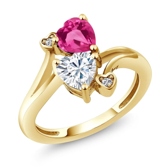 Gem Stone King 18K Yellow Gold Plated Silver Pink Created Sapphire White Moissanite and White Lab Grown Diamond Ring for Women (1.63 Cttw, Heart Shape 6MM, Gemstone Birthstone, Size 9)