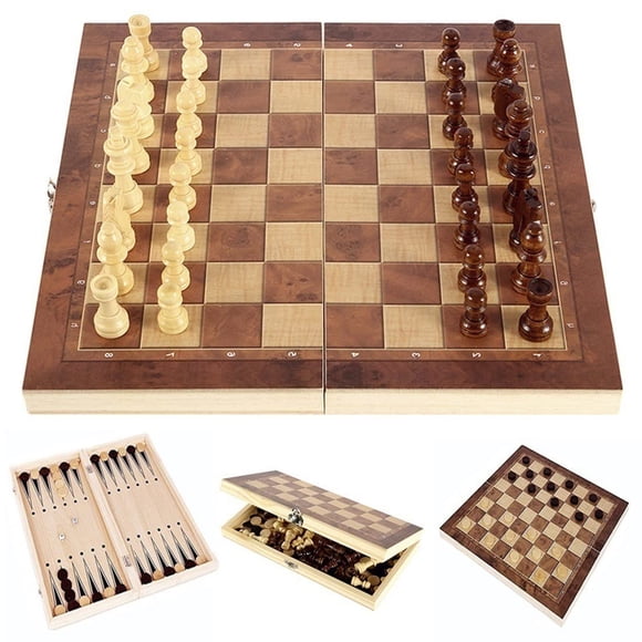 Juego de ajedrez de madera con almacenamiento plegable, juego 3 en 1