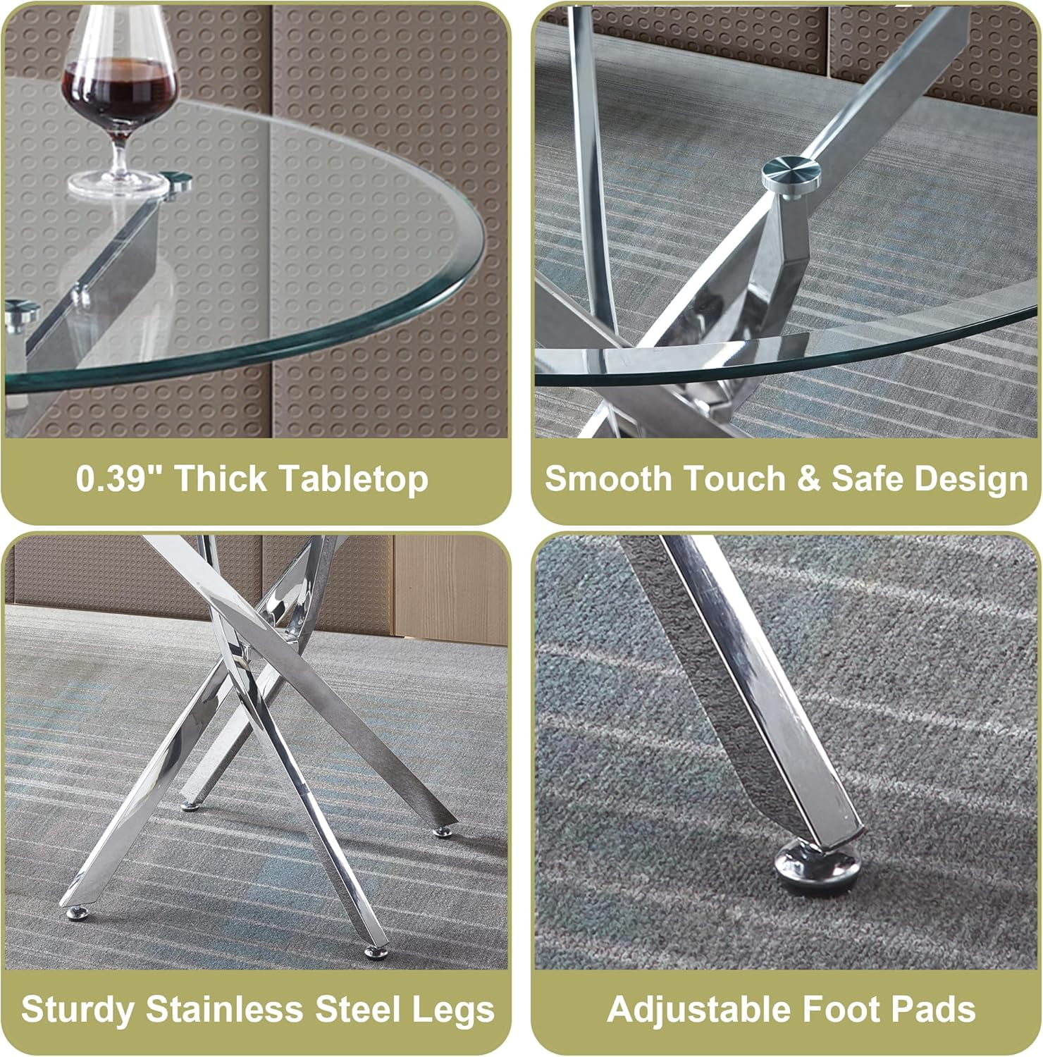 5-Piece 36" Round Glass Dining Set, Clear Tempered Glass Table & 4 PU Leather Chairs with Stainless Steel Legs for Kitchen, Meeting Room