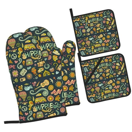 

Daiia Colorful Hippie Pattern Oven Mitts and Pot Holders 4 pcs Set High Heat Resistant 500 Degree Extra Thicken Long Kitchen Cotton Oven Glove