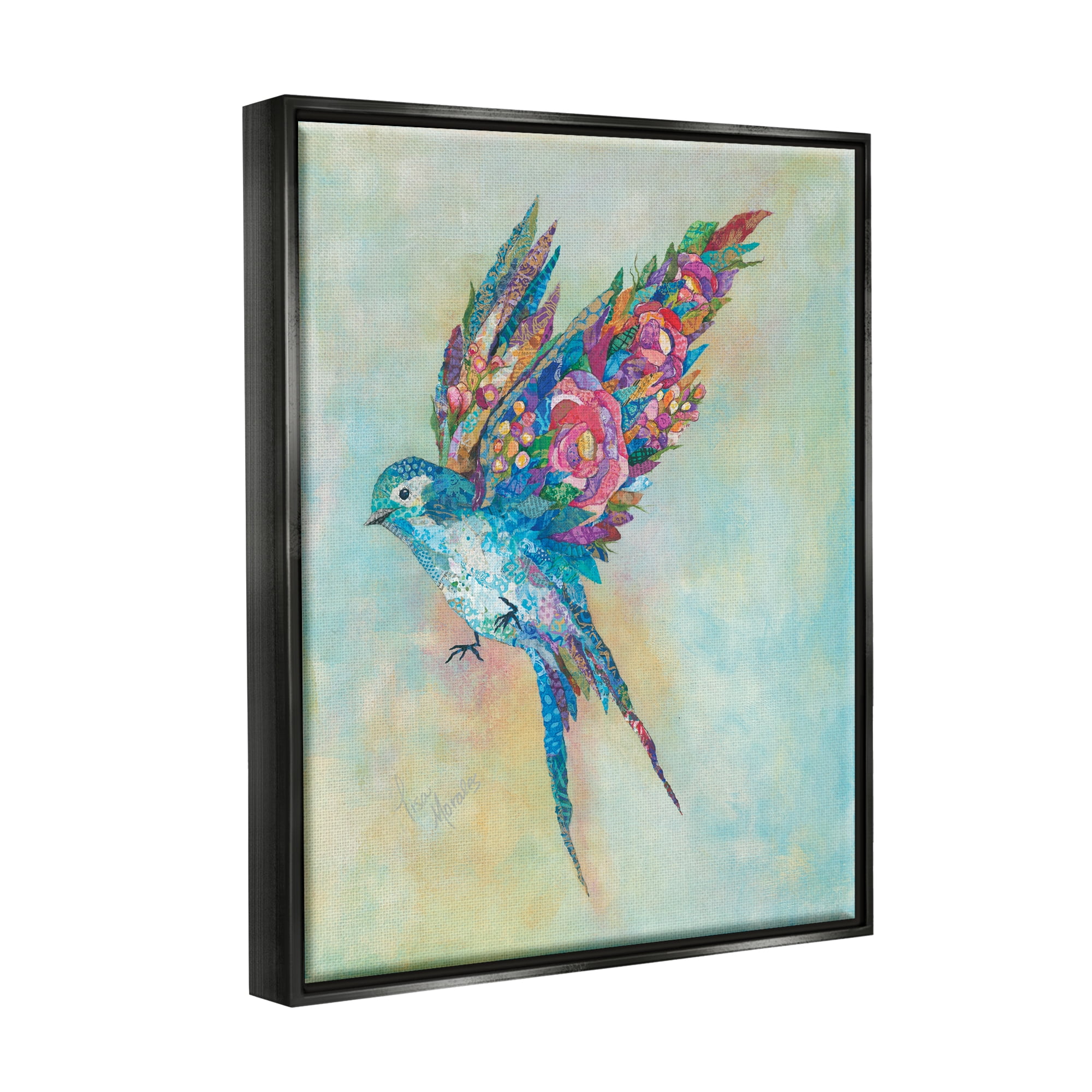 Stupell Industries Botanical Swallow Floral Blossom Wings Bird Painting Painting Jet Black Floating Framed Canvas Print Wall Art, Design by Lisa Morales