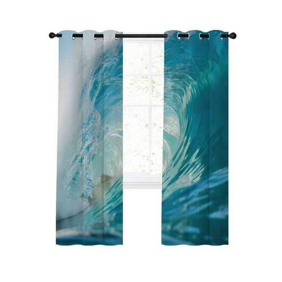 Teal Blue Coastal Wave Blackout Curtains, Light Blocking Print Window Curtains, Modern Summer Ocean Beach Sea Thermal Insulated Window Drapes for Living Room Kitchen Cafe 2 Panels, 84"W x 63"L