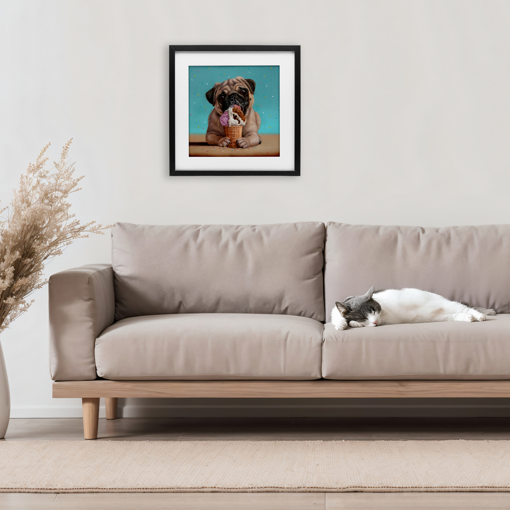 Neapawlitan Ice Cream & Dog Black Framed Print Under Glass, design by Lucia Heffernan