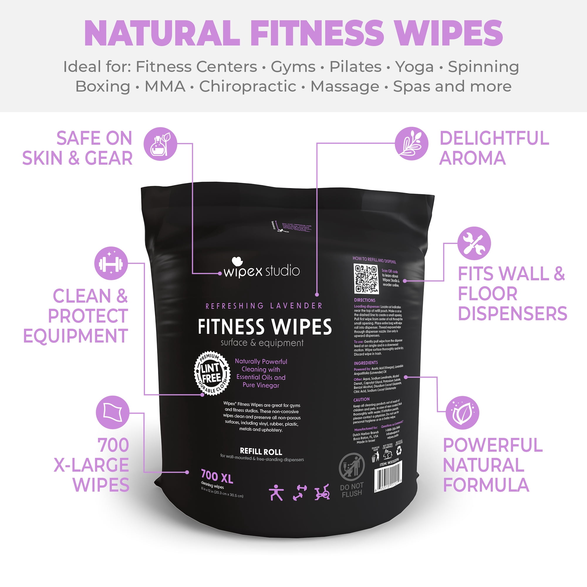 Wipex Natural Gym & Fitness Refill Wipes for Dispensers, 700 Large Lavender