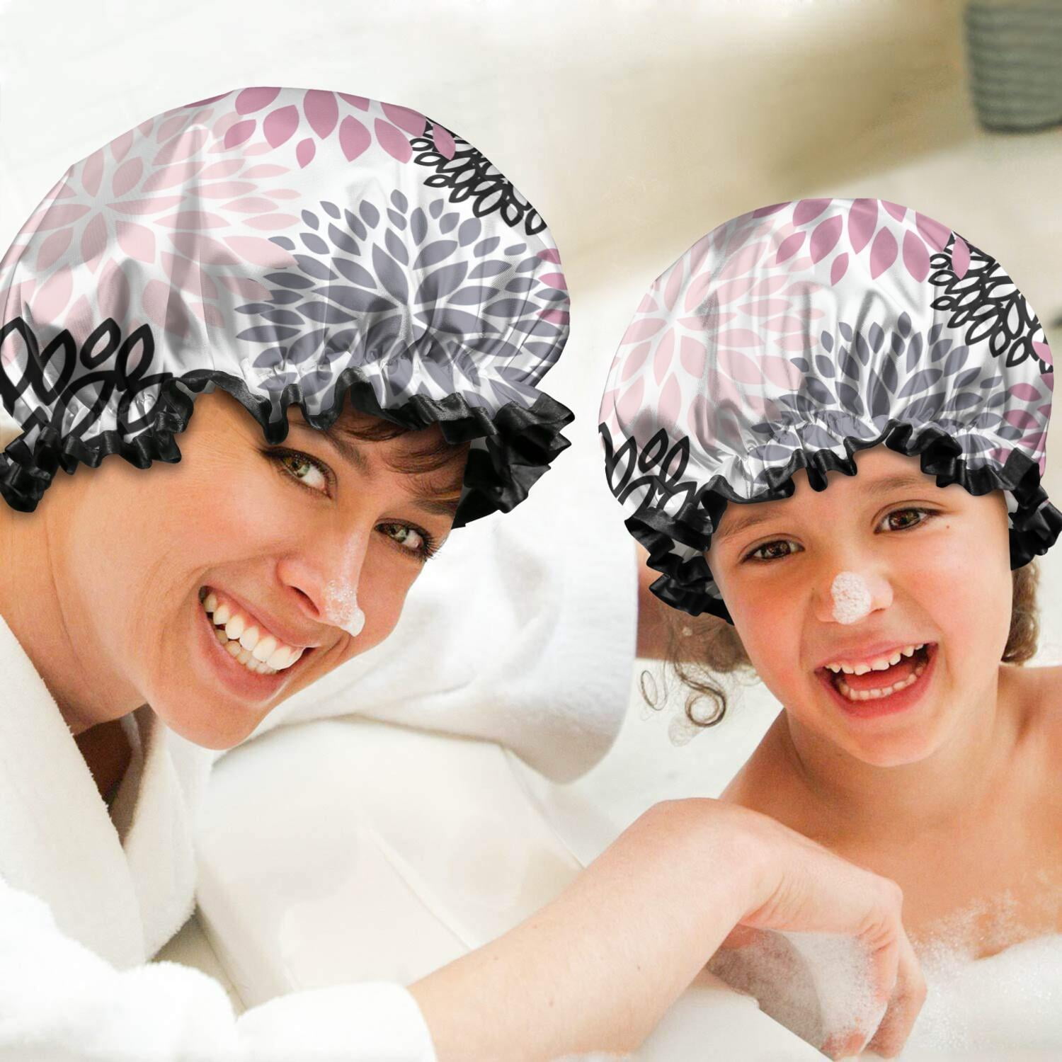 Shower Caps,Pink Floral and Petal Pattern Waterproof Shower Cap for Women 4 Pieces,Double Reusable Hair Cover for Shower PEVA Elastic Stretch Hem