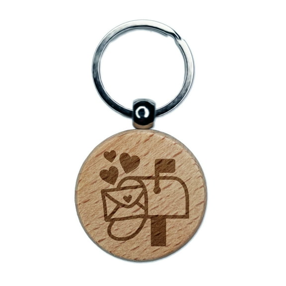 Cute Mailbox with Hearts Round Keychain Charm Tag - Engraved Wood