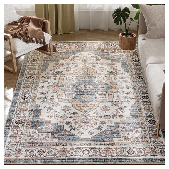 4x6 Area Rug, Vintage Washable Rug Non-Slip, Living Room Bedroom Carpet, Brown & Light Blue, Soft Faux Fur, Machine Washable