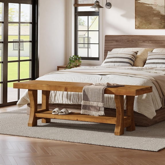 Tribesigns 55" Solid Wood Dining Seat, Long Indoor Entryway Bench, 2-Tier End of Bed Bench