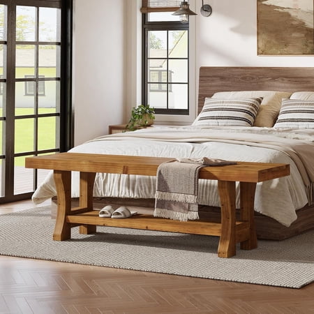 Tribesigns 55" Solid Wood Dining Seat, Long Indoor Entryway Bench, 2-Tier End of Bed Bench