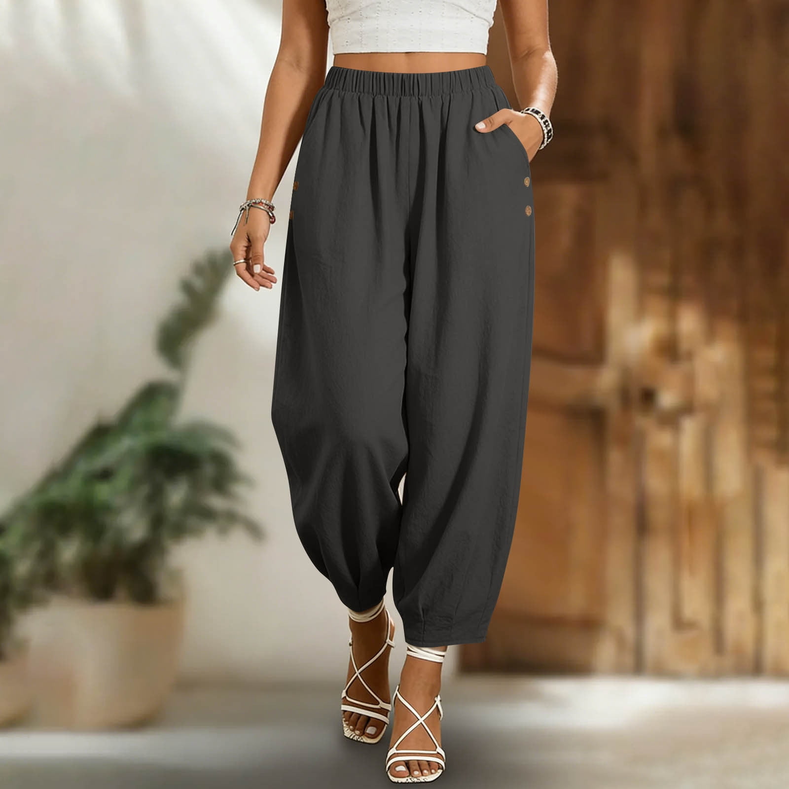 ZQUUVOU Linen Harem Pants for Women Summer Solid with Pockets