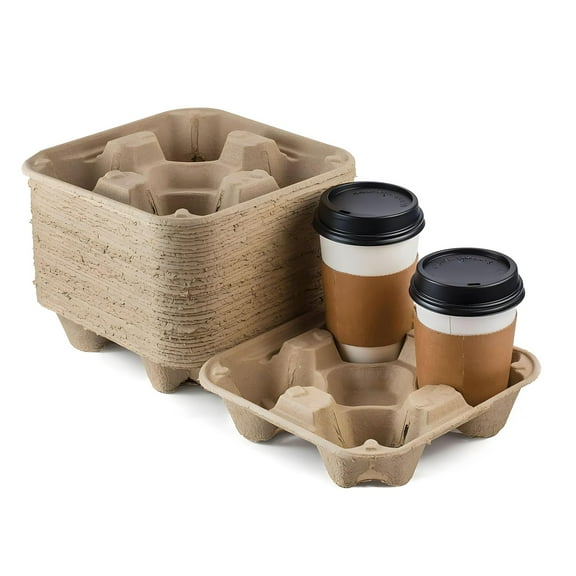 4-Cup Disposable Drink Carrier Trays, 25-Pack Compostable Pulp Fiber Cup Holders for 8-32 oz Cups, Durable Coffee Cup Holders for Delivery Service
