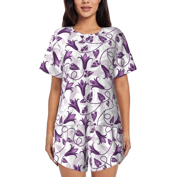 Fotbe Violets Flowers Conjunto de Pijama Estampado para Mujer, 2 Piezas, Ropa de Dormir con Camiseta de Manga Corta y Shorts Suaves-Medium