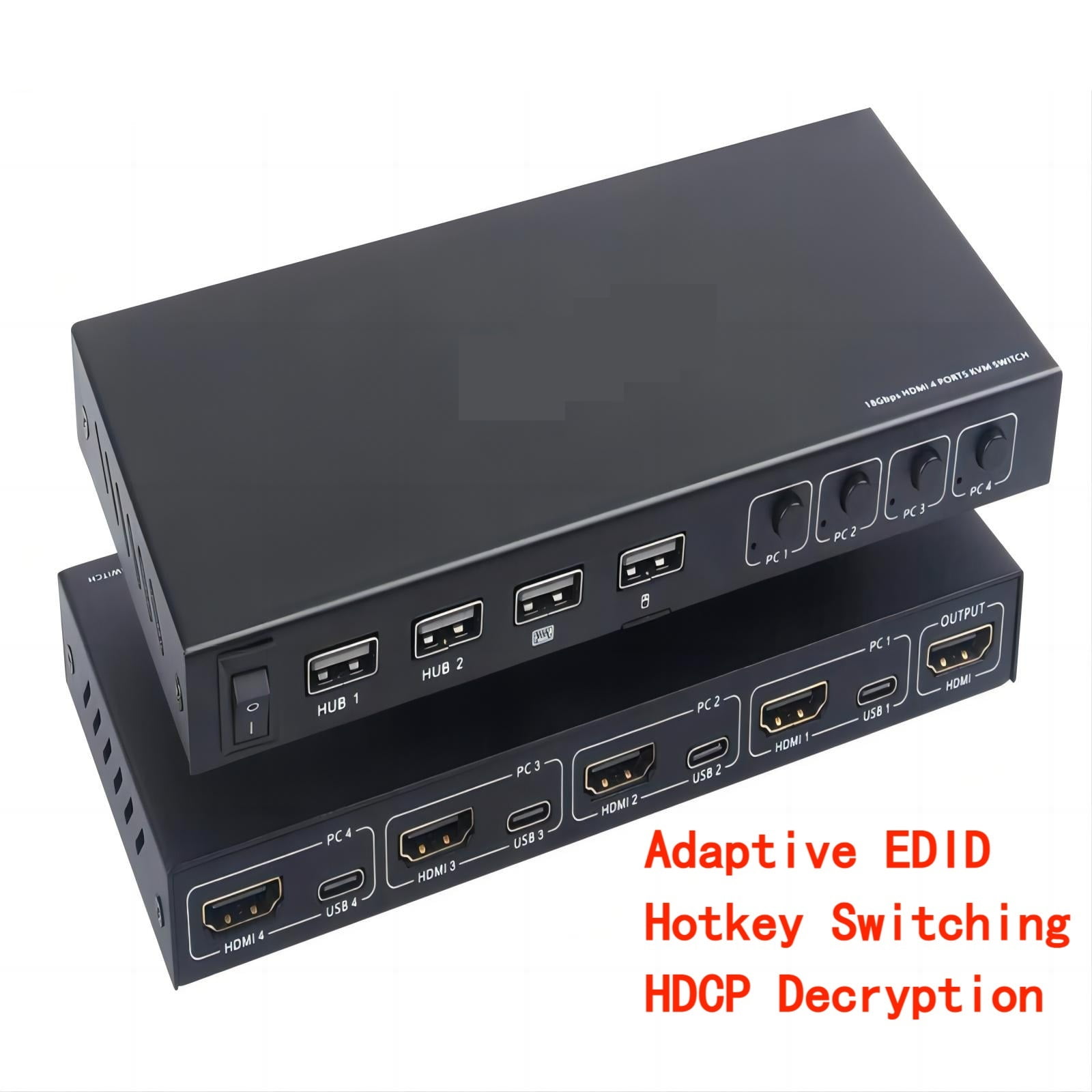 4 Ports KVM Switcher,4 IN 1 Out USB Switch For Sharing Monitor Keyboard Mouse Adaptive EDID Hotkey Switching