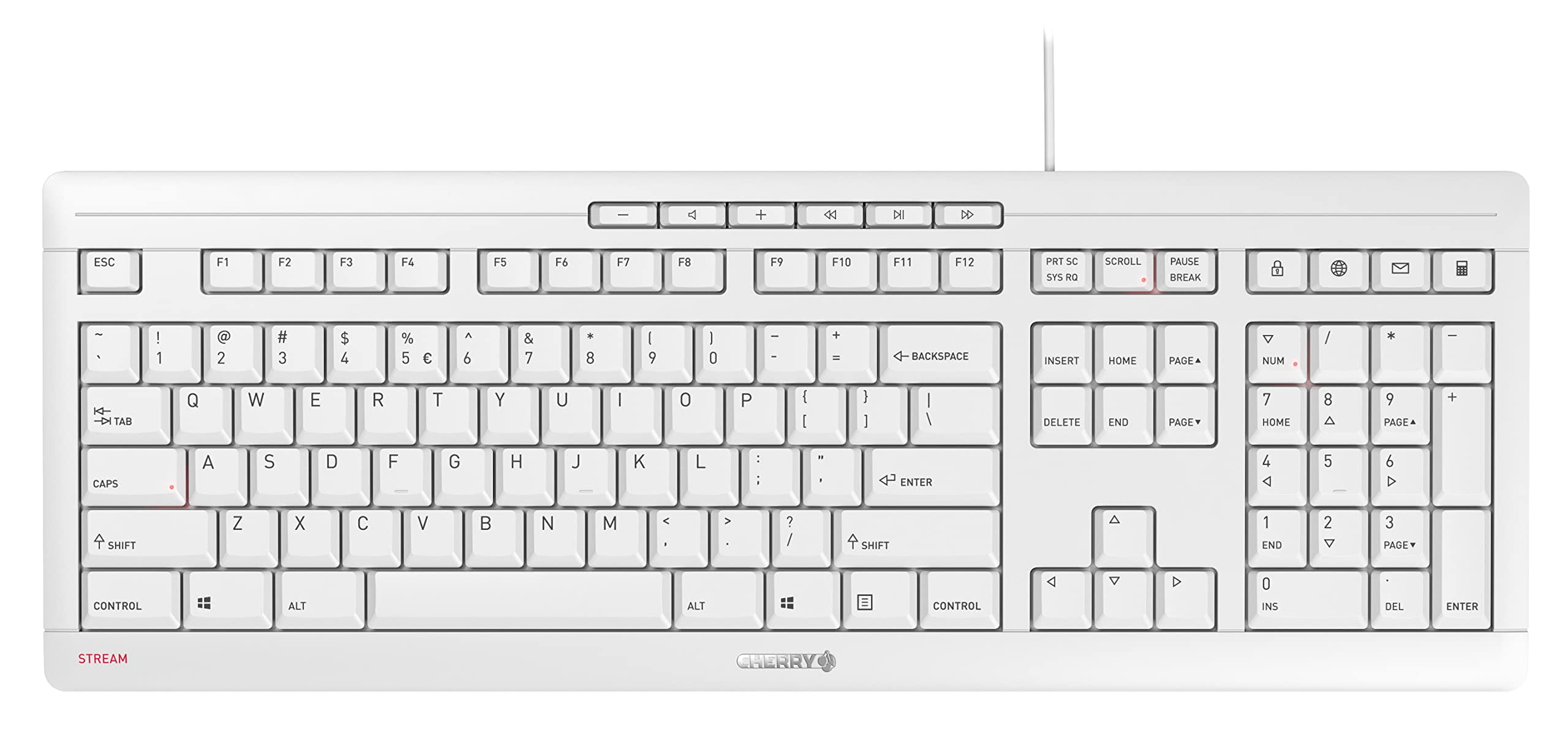 CHERRY STREAM Keyboard - Cable Connectivity - USB Interface - 104 Key Multimedia, Browser, Email, Calculator, Lock, Volume Down, Volume Up, Previous Track, Next Track, Play/Pause Hot Key(s) - English
