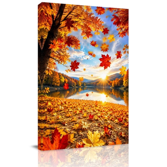 Canvas Wall Art, Fall Maple Framed Canvas Prints for Bedroom Bathroom, Orange Thanksgiving Leaves Lake Gallery Wrapped Wall Decor for Home Office, Gifts, 11"x14" Ship Next Day