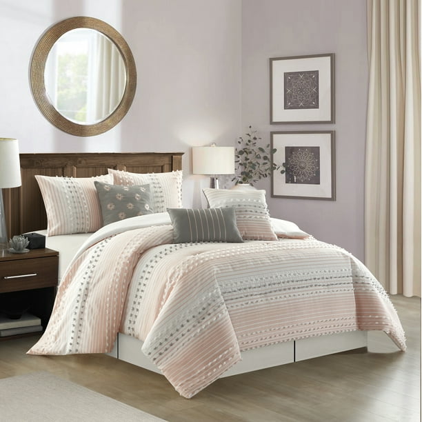Lanco Clarity 7 Piece Comforter Set, Striped, Pink, Queen Size, Fill
