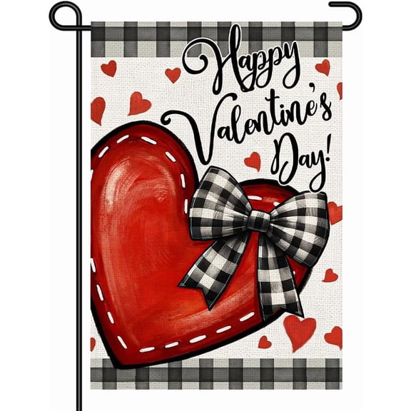 Valentine’s Day Garden Flag 12x18 Inch Double Sided Small Red Heart Yard Flag with Buffalo Plaid Bow for Front Porch Lawn and Outdoor Decorations