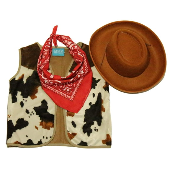 Kids Western Rodeo Cowboy or Cowgirl Basic Costume Set - Vest, Brown Hat, Bandanna - Size 6-8