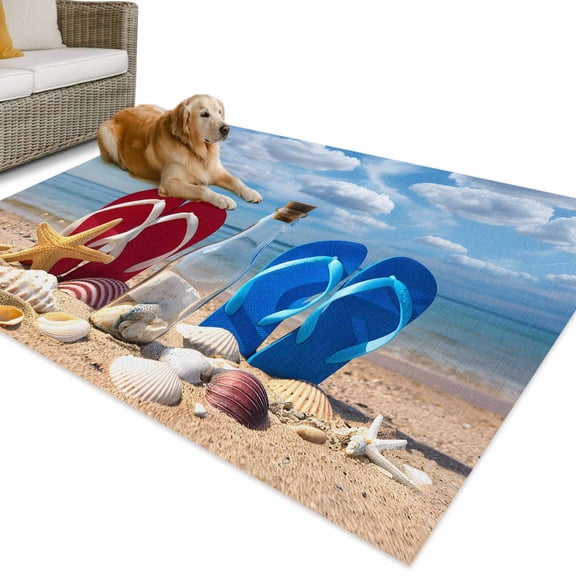 Outdoor Rug 5x7 ft Coastal Tropical Waterproof Outdoor Patio Rug Mat Non Slip Outside Area Rugs Carpet for RV,Camping,Porch,Deck,Pool,Balconybackyard,Beach Ocean Shell Slippers Red Bule