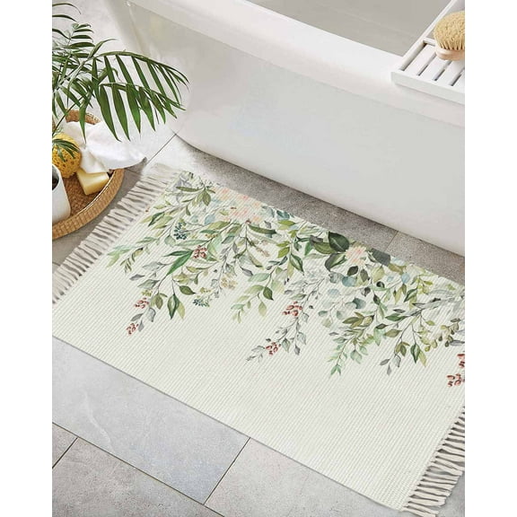 Sage Green Eucalyptus Bath Rug 2x3ft Woven Bathroom Entryway Runner Rug,Aesthetics Floral Farm Foliage Washable Living Room Hallway Bedroom Kitchen Carpet with Tassels,Indoor Outdoor Throw Doormat