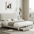 thumbnail image 3 of Homfa Cadre de Lit Grand Format avec Rangement, Lit Plateforme Rembourré en Lin avec 2 Tiroirs de Rangement et Tête de Lit à Boutons Ajustable, Beige, 3 of 10