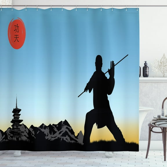 Ambesonne Kung Fu Shower Curtain, Man Technique of Karate, 69"Wx70"L, Sky Blue Charcoal Grey