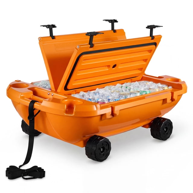 VEVOR Floating Cooler, 40 QT Floating Ice Chest with Dry Storage, Wheels & Tow Rope, Premium LLDPE Amphibious Drink Cooler for Water & Land, Cruise Stable on Lake, River, Pool, Beach, Kayak, Orange