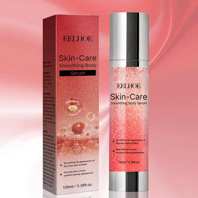 suero corporal suavizante suero corporal para aclarar la piel hidratación hidratante suero antienvejecimiento anti shimmer botella y caja frontal, envase translúcido con gel rosado y partículas visibles, dosificador plateado y etiqueta "Skin-Care Smoothing Body Serum", caja roja vertical; tamaño 3,2×15,4 cm (1,26×6,06 in). Apto para uso diario y frecuentemente elegido como regalo o para llevar en viajes cortos.