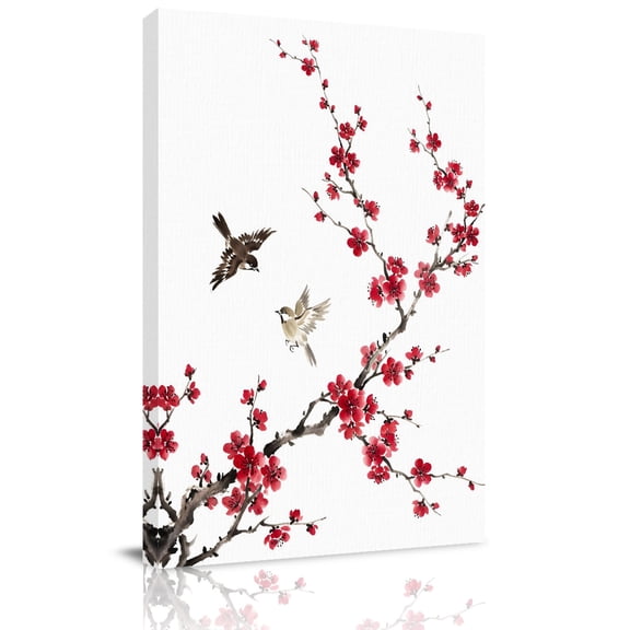 Red Plum Bossom Canvas Wall Art for Living Room, Ink Painting Style Birds Flower Branches Farm Poster Print Painting for Bedroom Office Home Decoration Wall Pictures Prepare To Hang 22"x28"