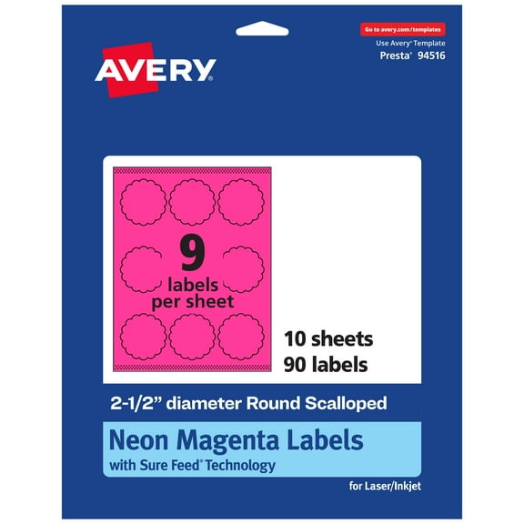Avery Round Scalloped Labels, Neon Magenta, 2.5" Diameter, 90ct