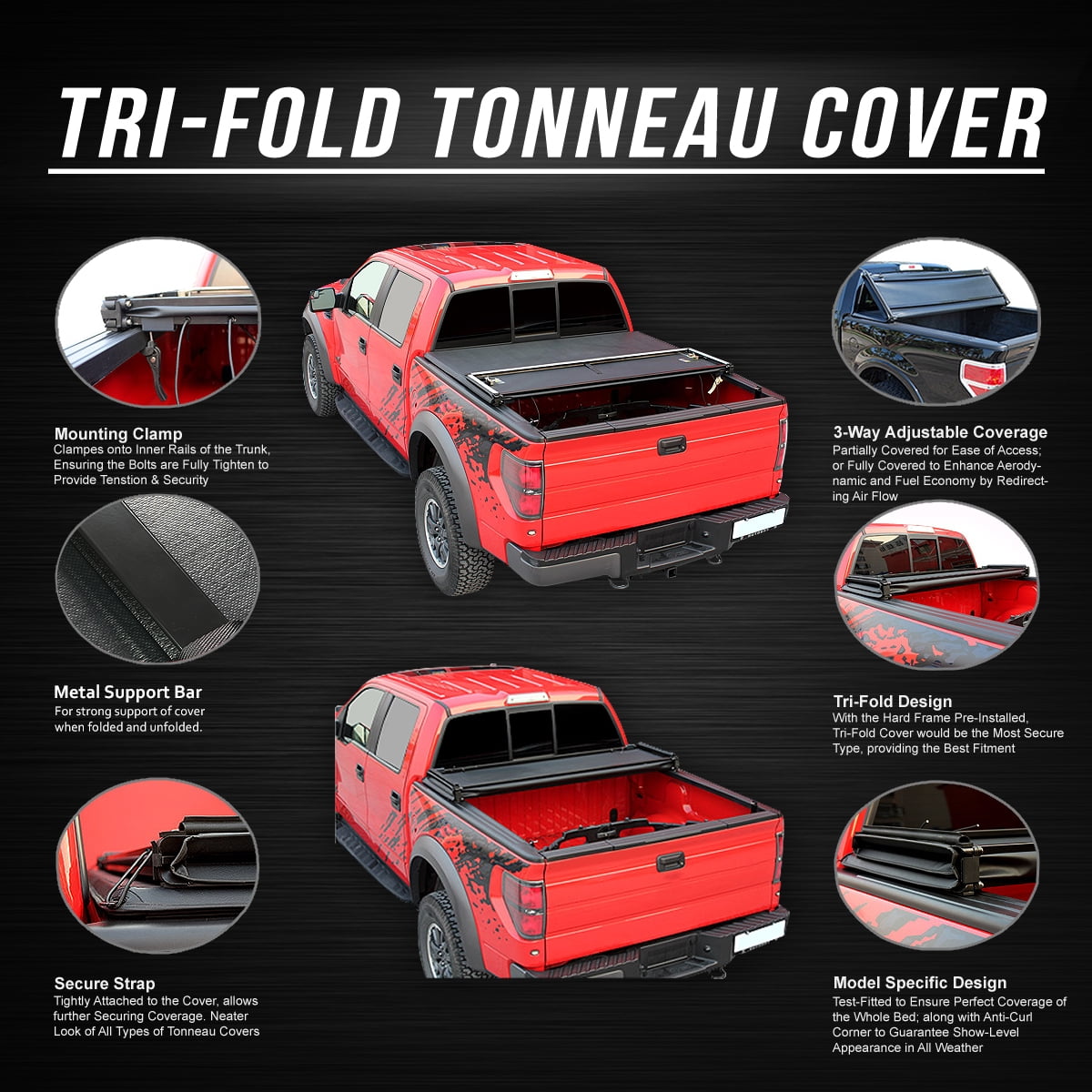 DNA Motoring Adjustable Tri-Fold Soft Tonneau Cover for 2015-2020 Ford F150 5.5' Short Bed