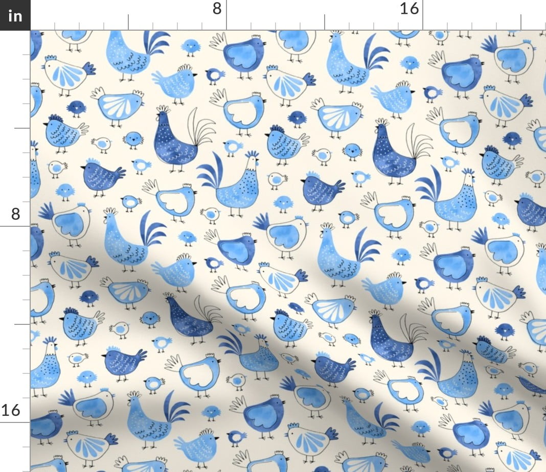 Spoonflower Fabric Chicken Rooster Watercolor Blue Modern Farmhouse