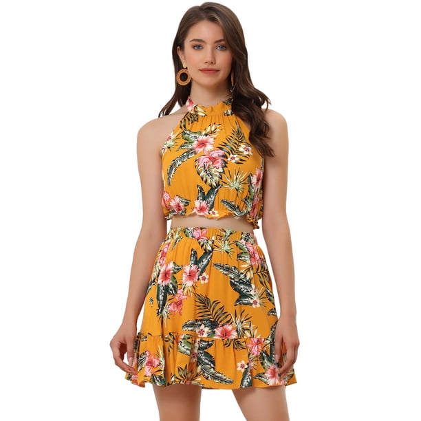 Conjunto de 2 piezas para mujer Allegra K con cuello halter floral sin mangas y falda corta Amarillo S
