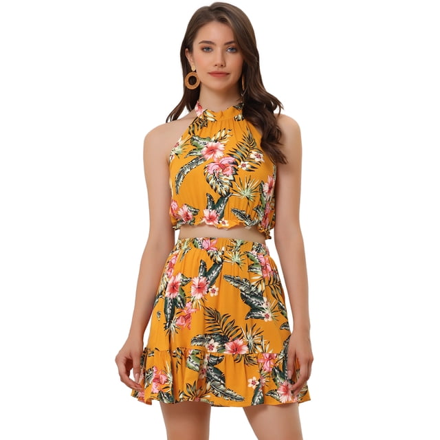 Conjunto de 2 piezas para mujer con cuello halter floral sin mangas con falda corta Amarillo XL Allegra K