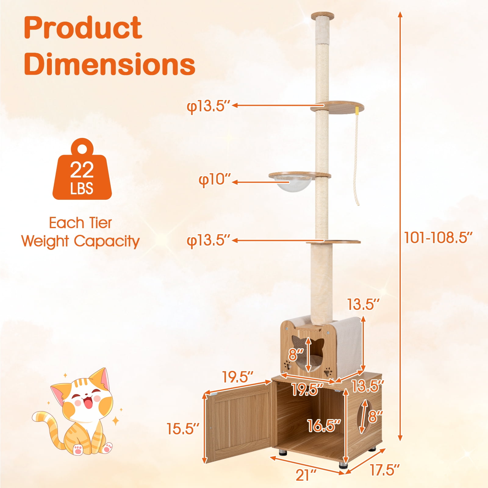 Gymax Floor to Ceiling Cat Tree for Indoor Cats 101''-108.5'' Height Adjustable Tall Cat Tower